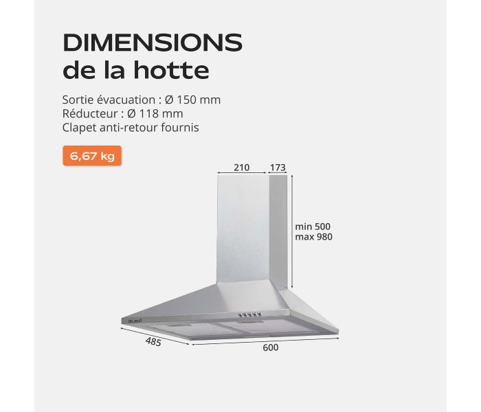 Hotte inox, 60 cm, pyramide, triangle, simple, 60