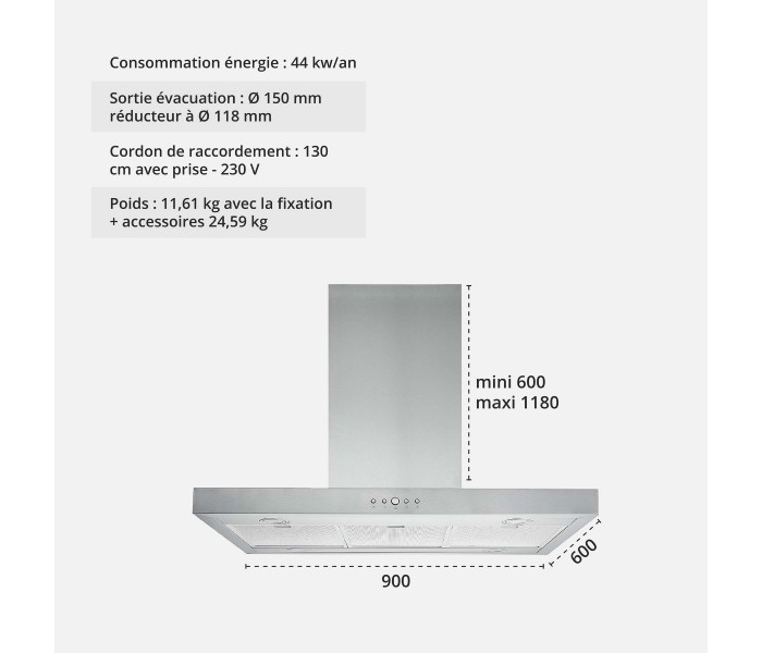 Hotte ilot 90 inox, hotte centrale, plate, epaisse,