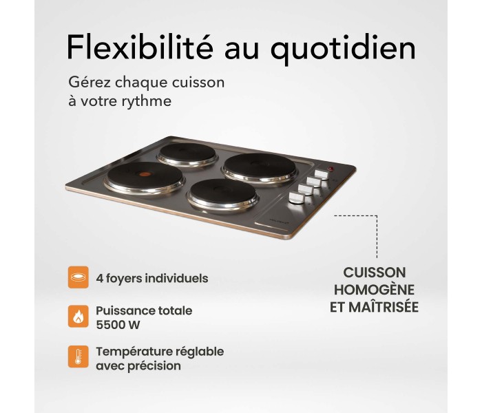 Plaque de cuisson électrique 4 feux, 4 foyers, inox, encastrable
