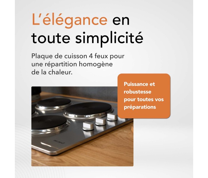 Plaque de cuisson électrique 4 feux, 4 foyers, inox, encastrable