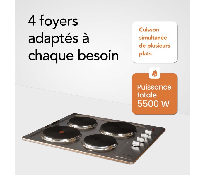 Plaque de cuisson électrique 4 feux, 4 foyers, inox, encastrable