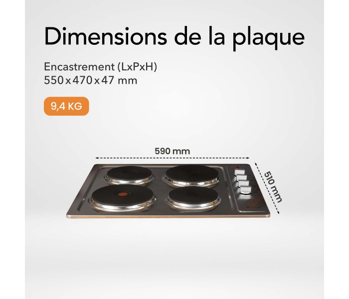 Plaque de cuisson électrique 4 feux, 4 foyers, inox, encastrable