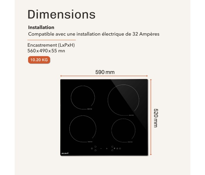 Plaque induction 4 feux, 4 foyers, induction, encastrable