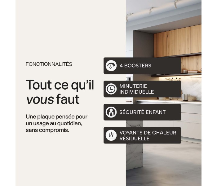 Plaque de cuisson, induction, slider, 4 feux, 4 foyers, encastrable