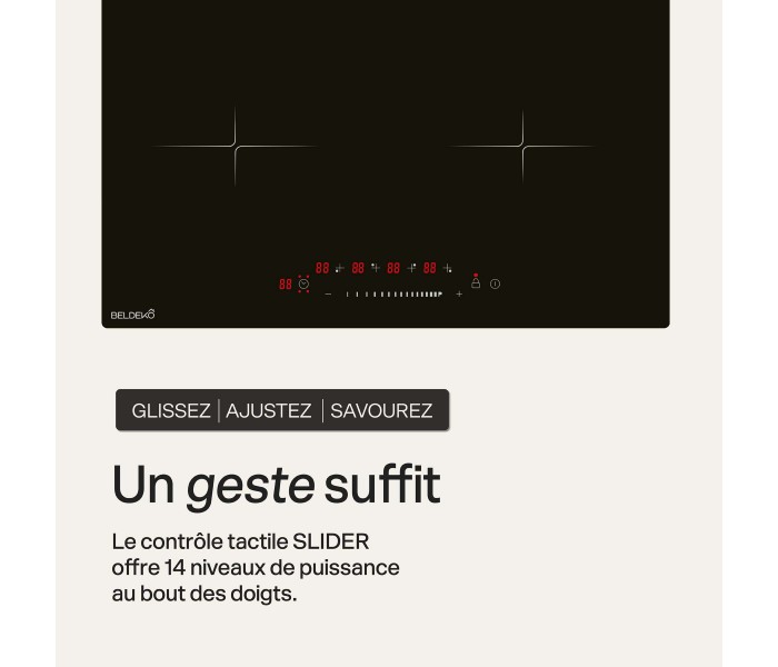 Plaque de cuisson, induction, slider, 4 feux, 4 foyers, encastrable