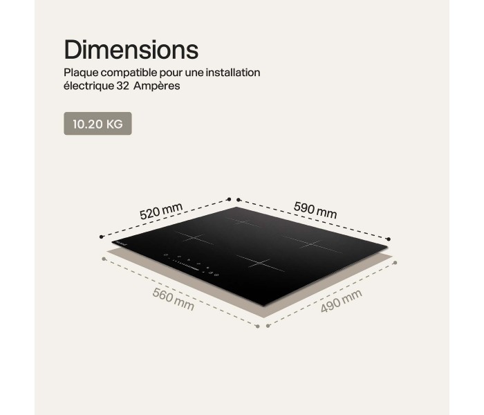 Plaque de cuisson, induction, slider, 4 feux, 4 foyers, encastrable