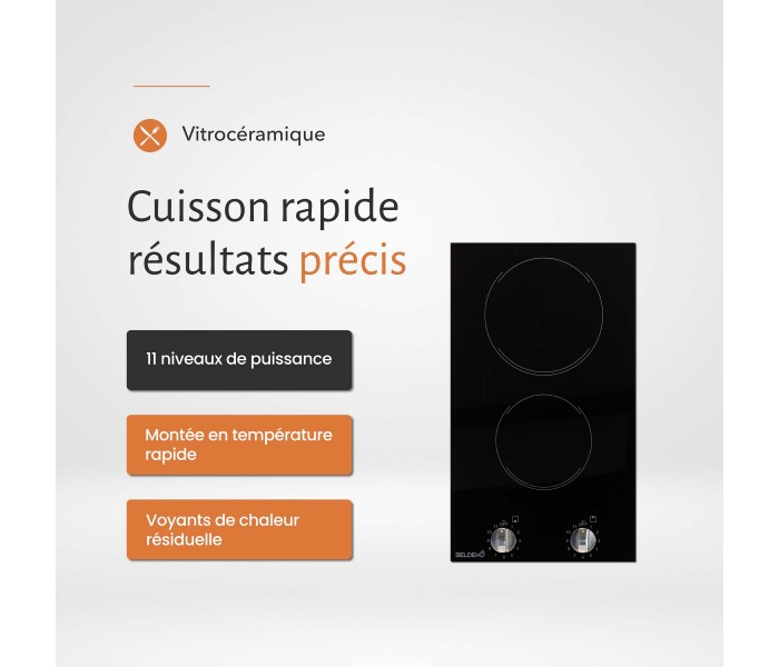 Plaque vitroceramique, 2 feux, 2 foyers, 2 zones, encastrable, boutons, manette, commande