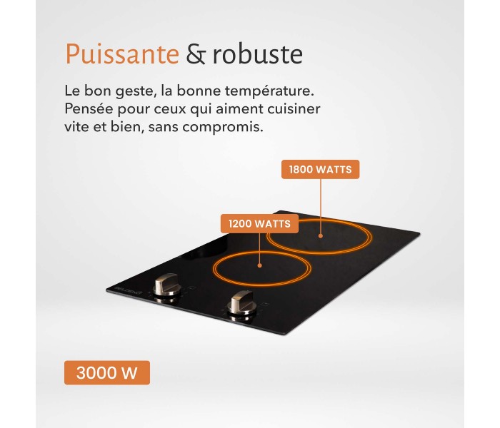 Plaque vitroceramique, 2 feux, 2 foyers, 2 zones, encastrable, boutons, manette, commande