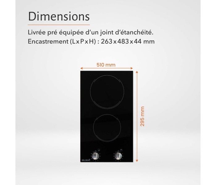 Plaque vitroceramique, 2 feux, 2 foyers, 2 zones, encastrable, boutons, manette, commande