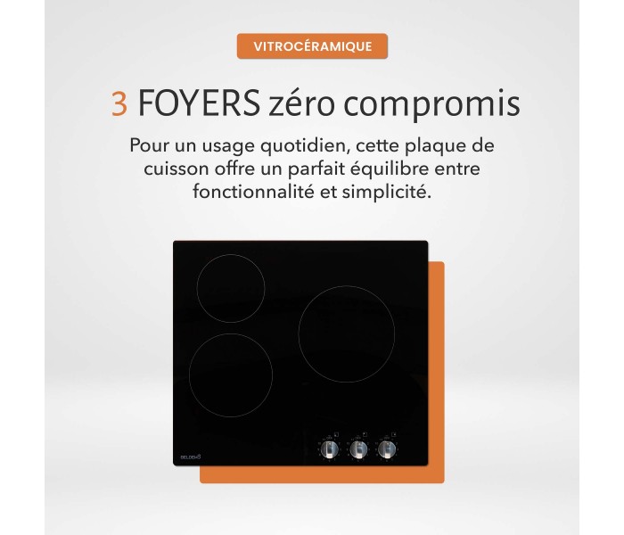 Plaque de Cuisson Vitrocéramique 3 Foyers – 5200W – Commandes par Manettes – Boutons Encastrable Contrôle Mécanique Facile
