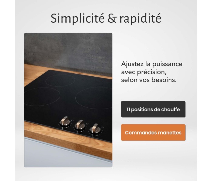Plaque de Cuisson Vitrocéramique 3 Foyers – 5200W – Commandes par Manettes – Boutons Encastrable Contrôle Mécanique Facile