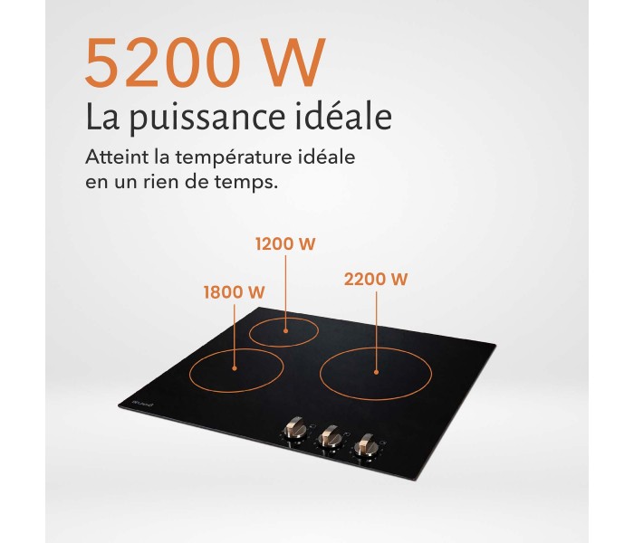 Plaque de Cuisson Vitrocéramique 3 Foyers – 5200W – Commandes par Manettes – Boutons Encastrable Contrôle Mécanique Facile