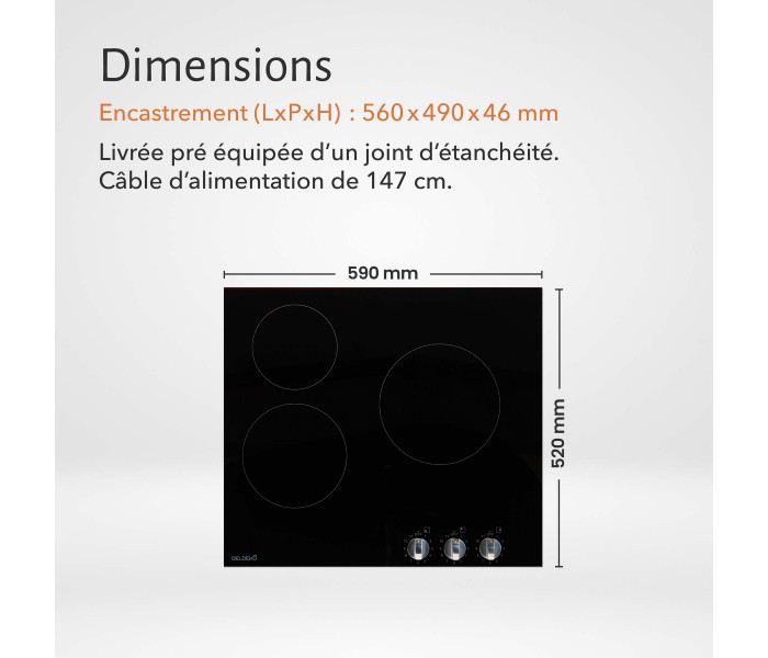 Plaque de Cuisson Vitrocéramique 3 Foyers – 5200W – Commandes par Manettes – Boutons Encastrable Contrôle Mécanique Facile