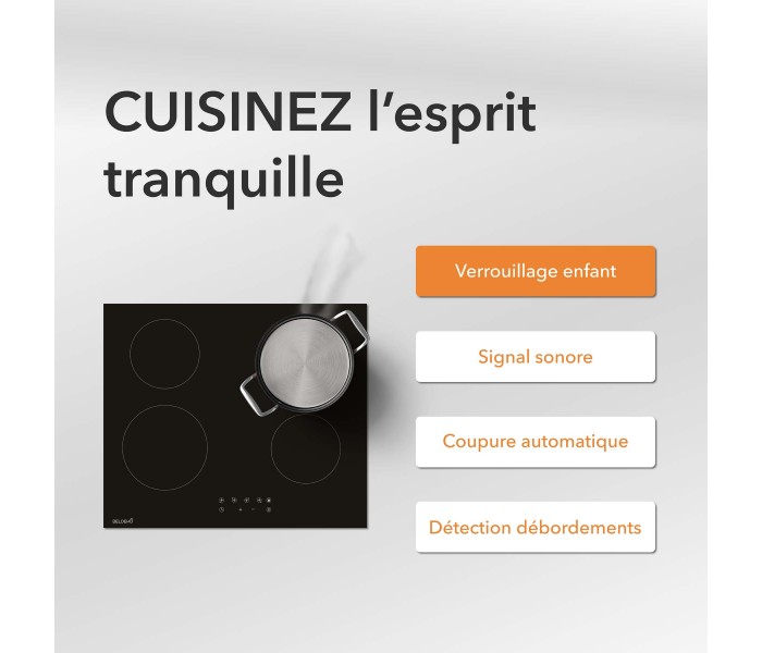 Table de cuisson vitrocéramique 4 foyers encastrable, avec minuteur