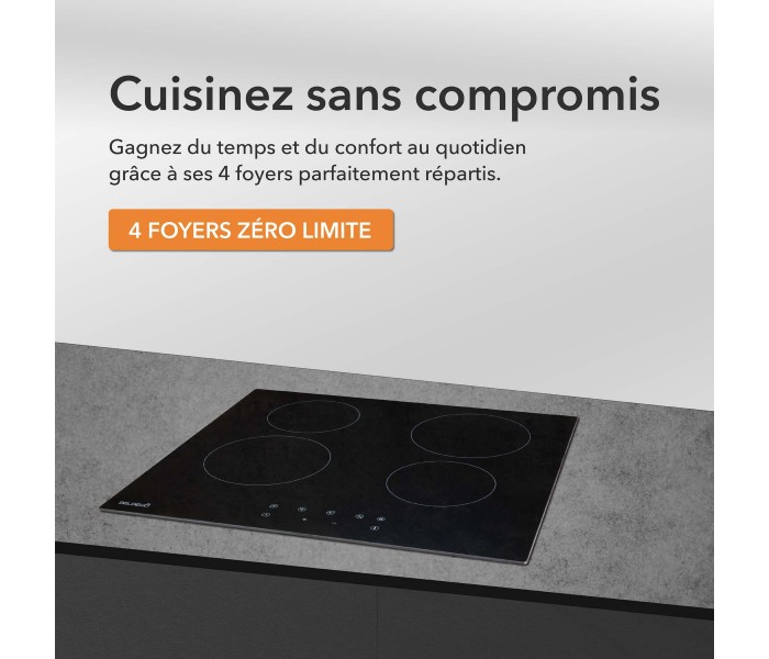 Table de cuisson vitrocéramique 4 foyers encastrable, avec minuteur
