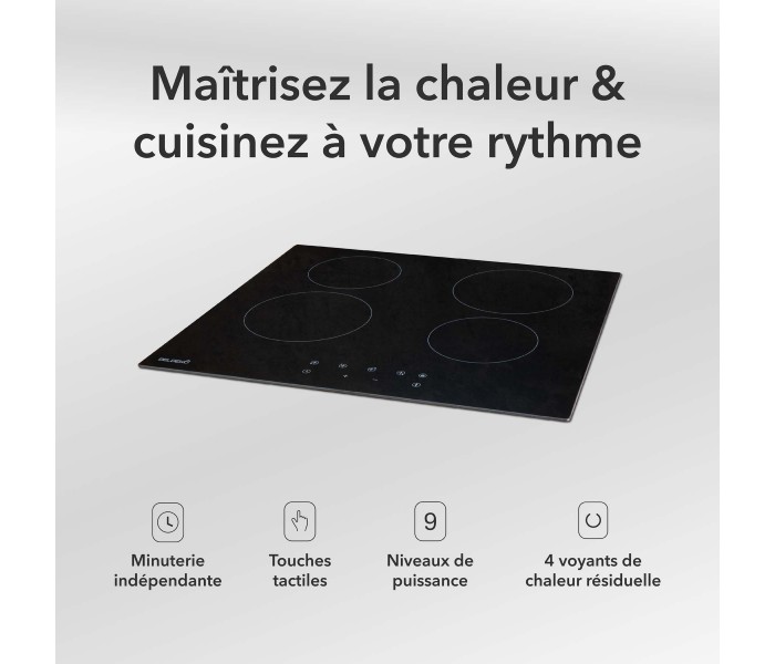 Table de cuisson vitrocéramique 4 foyers encastrable, avec minuteur