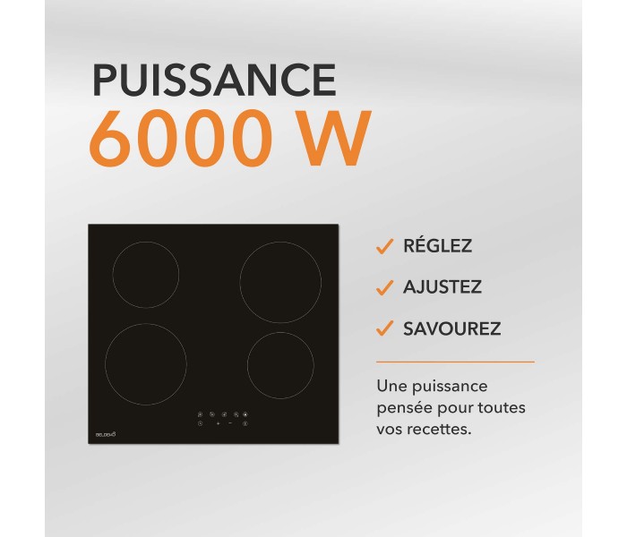 Table de cuisson vitrocéramique 4 foyers encastrable, avec minuteur