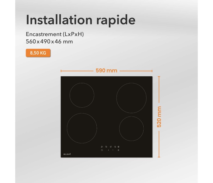 Table de cuisson vitrocéramique 4 foyers encastrable, avec minuteur