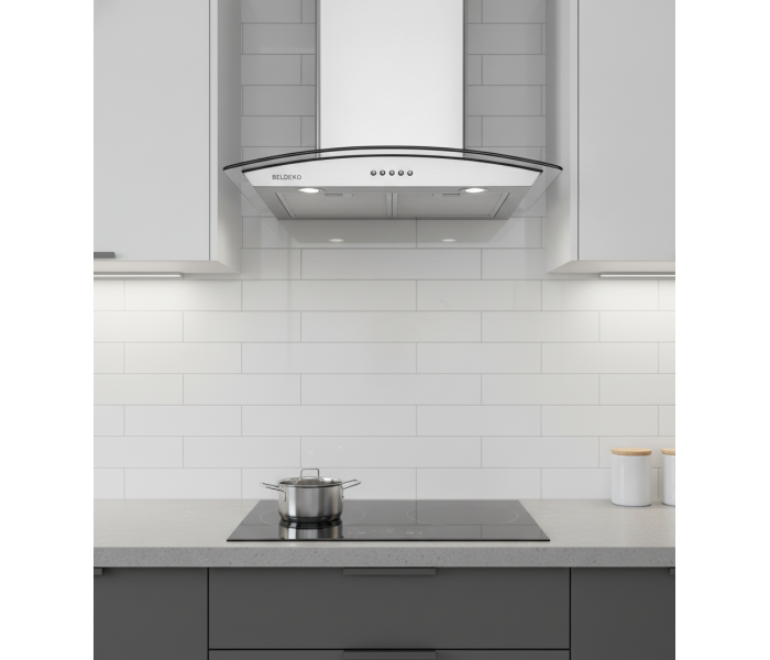 Hotte inox, verre, inclinée, arrondie, 60 cm, galbée, Callys, beldeko