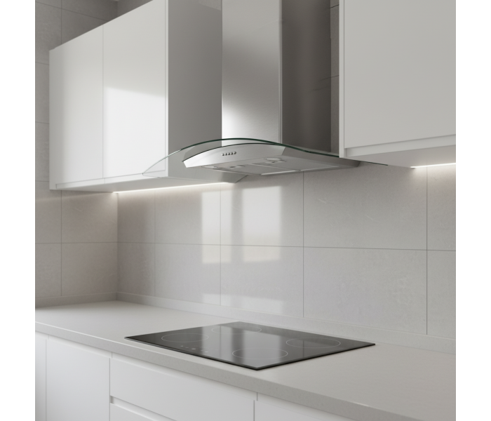 Hotte décorative mural galbé verre et inox, 90 cm, verre rond, arrondie,