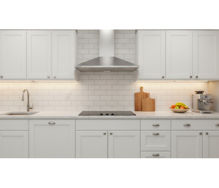 Hotte de Cuisine Décorative Inox 90cm -Triangle - Pyramide 338 m³/ h - Evacuation ou Recyclage - Eclairage LED