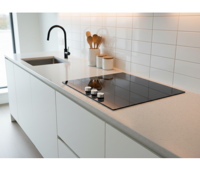 Plaque de cuisson induction, 3 foyers, 3 zones, boutons, manettes, encastrable