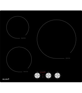 Plaque de cuisson induction, 3 foyers, 3 zones, boutons, manettes, encastrable