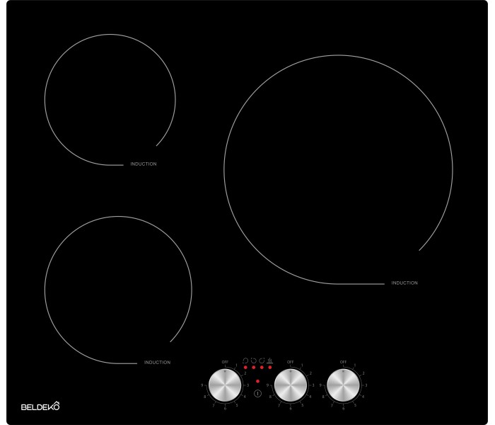 Plaque de cuisson induction, 3 foyers, 3 zones, boutons, manettes, encastrable