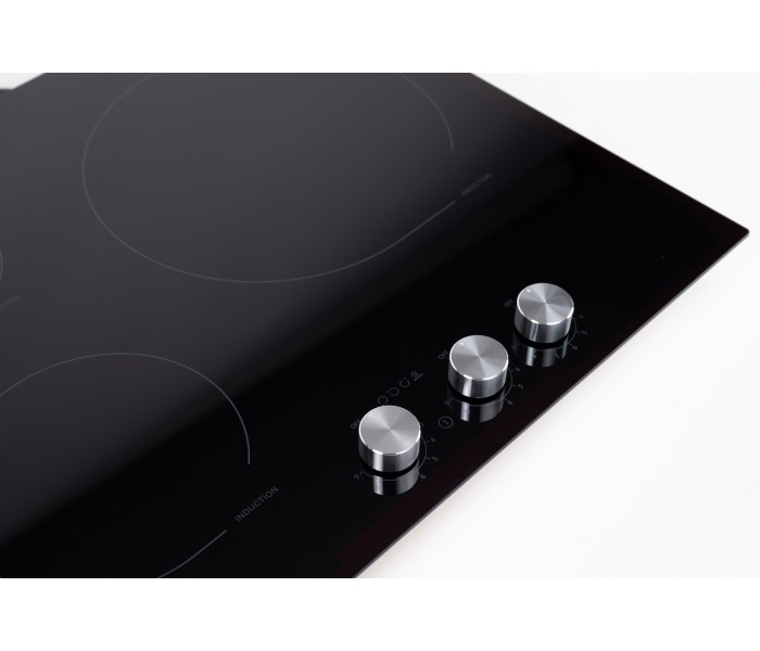 Plaque de cuisson induction, 3 foyers, 3 zones, boutons, manettes, encastrable