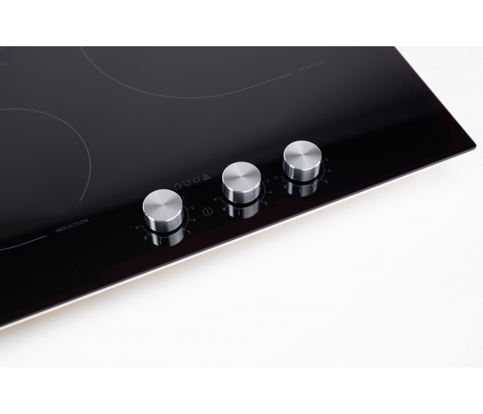 Plaque de cuisson induction, 3 foyers, 3 zones, boutons, manettes, encastrable