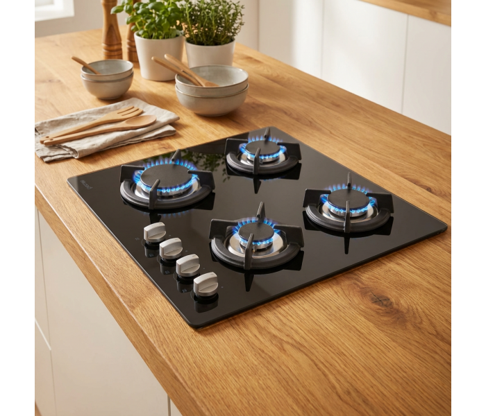 PLAQUE DE CUISSON GAZ 4 FOYERS — VERRE NOIR & FONTE | BELDEKO