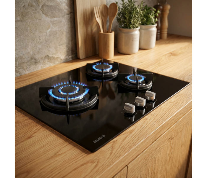 PLAQUE DE CUISSON GAZ 3 FOYERS — DOUBLE COURONNE - VERRE NOIR & FONTE | BELDEKO