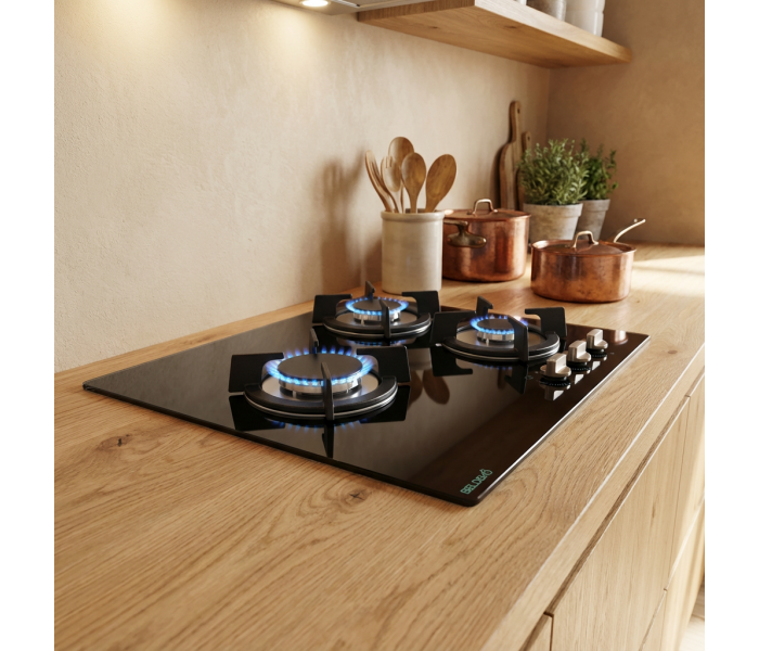 Plaque de cuisson, gaz 3 feux, 3 foyers, verre, noir, double couronne