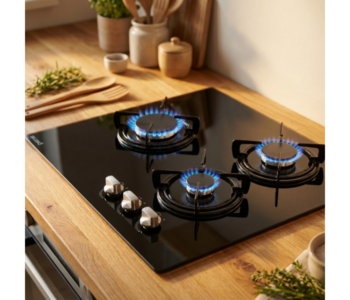 PLAQUE DE CUISSON GAZ 3 FOYERS — VERRE NOIR | BELDEKO