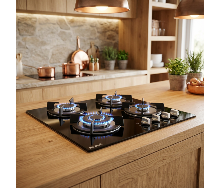 PLAQUE DE CUISSON GAZ 4 FOYERS — DOUBLE COURONNE - VERRE NOIR & FONTE | BELDEKO