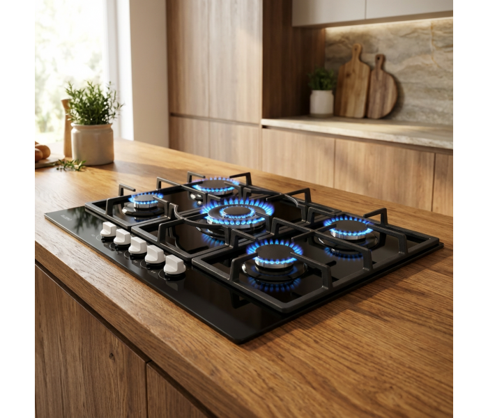 Plaque gaz 5 foyers en verre noir - Brûleurs et grilles en fonte - 10 800 Watts encastrement 56x49 cm