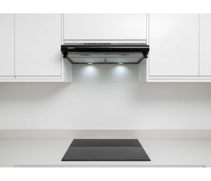 GRETA 60 BK - Hotte Casquette 60 cm. Hotte visière, coloris noir , puissance, filtre à graisse. Eclairage LED