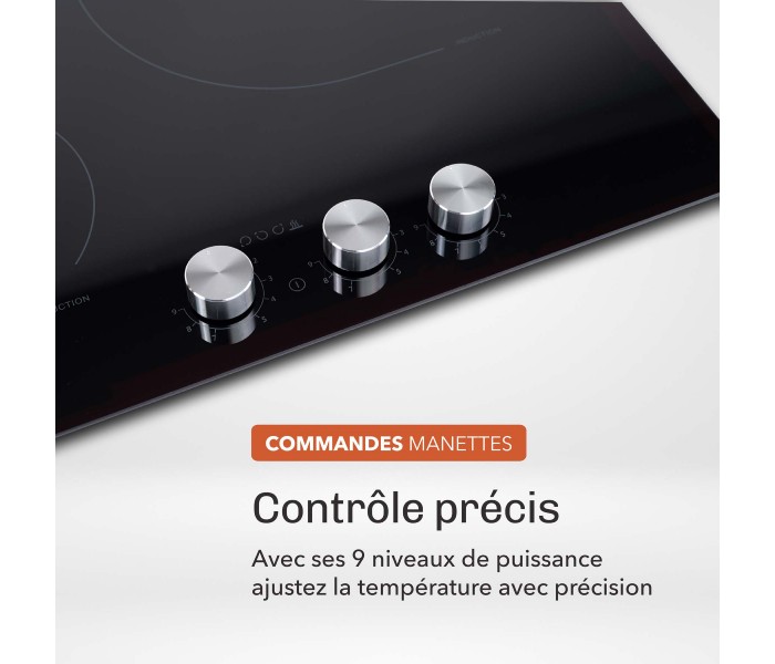 plaque induction, 3 feux, 3 foyers, 3 zones, encastrable, commande, boutons, manette, physique