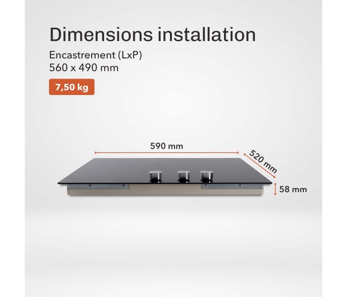 plaque induction, 3 feux, 3 foyers, 3 zones, encastrable, commande, boutons, manette, physique