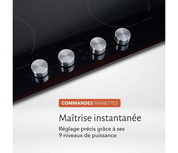 plaque induction, 4 feux, 4 foyers, 4 zones, encastrable, commande, boutons, manette, physique