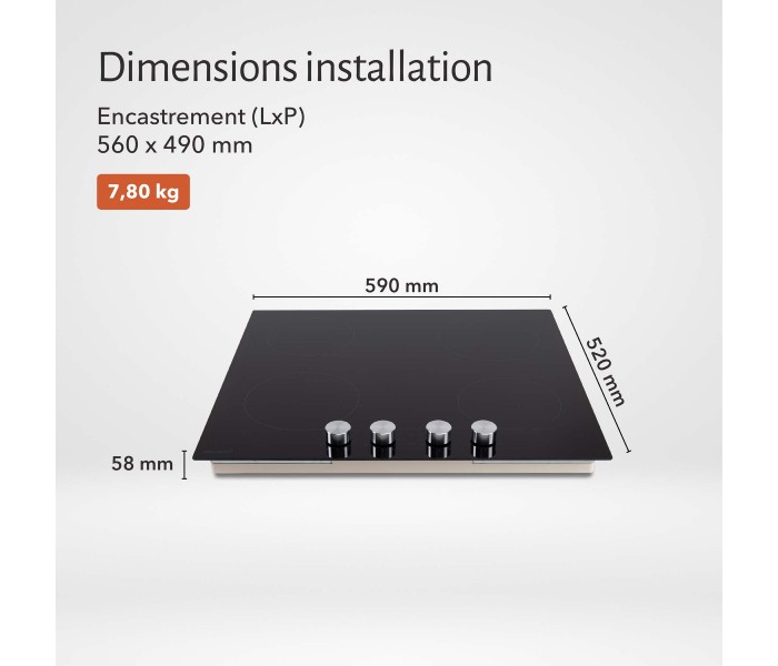 plaque induction, 4 feux, 4 foyers, 4 zones, encastrable, commande, boutons, manette, physique