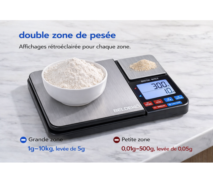 Balance de cuisine double précision – 0,01 g à 500 g + 1 g à 5 kg – Idéale pour levure, sel, farine et pâtisserie