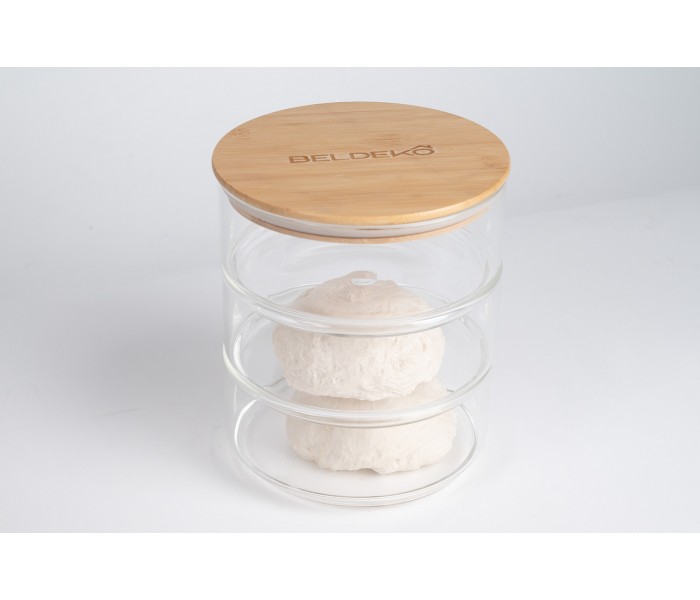 Set de 3 bocaux à pâtons en verre – Couvercle bambou étanche – Idéal fermentation, stockage et décongélation – Ø16 cm