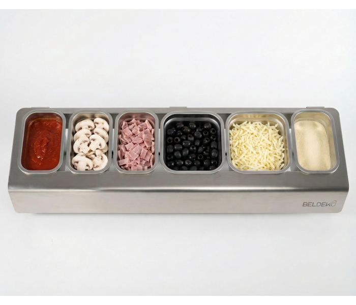 Saladette en Inox BELDEKO - 6 Boîtes avec Couvercles Étanches et Support Métallique à Ventouses