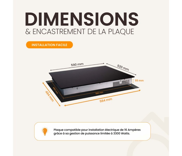 Plaque de cuisson à induction 3500W – Taille standard 59x52 cm avec seulement 2 foyers - minuteur