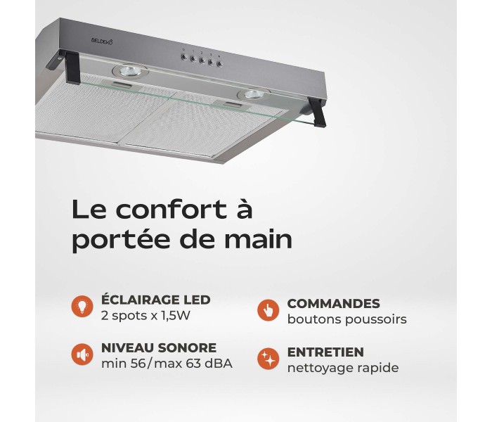 hotte casquette, hotte visière, inox, 60 cm, 59,5 cm, hotte fine, hotte chantier