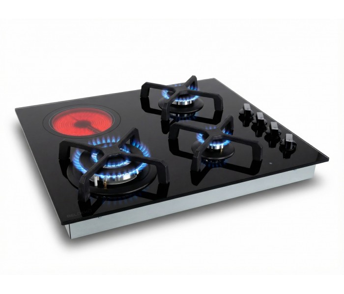 Plaque de cuisson mixte, plaque de cuisson hybride, gaz et vitro, gaz et vitrocéramique, 3 foyers gaz 1 foyer vitro