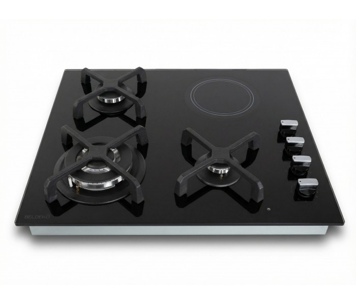 Plaque de cuisson mixte, plaque de cuisson hybride, gaz et vitro, gaz et vitrocéramique, 3 foyers gaz 1 foyer vitro