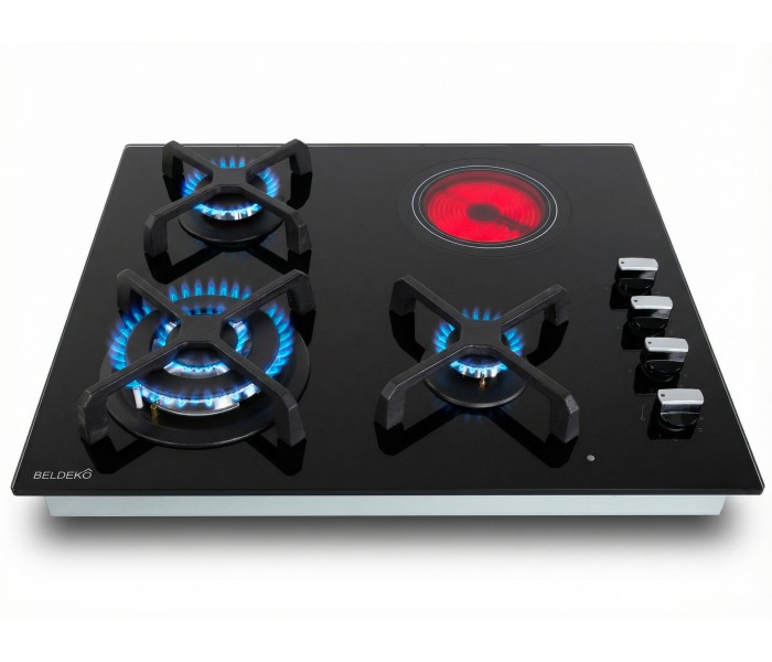 Plaque de cuisson mixte, plaque de cuisson hybride, gaz et vitro, gaz et vitrocéramique, 3 foyers gaz 1 foyer vitro