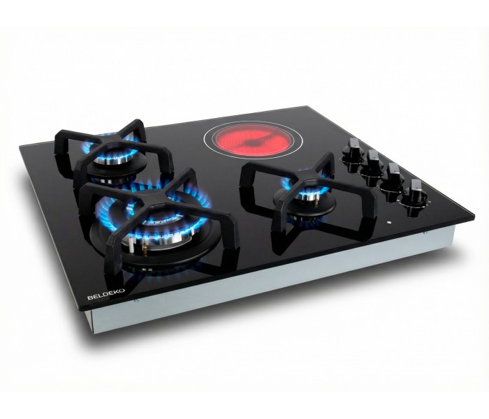 Plaque de cuisson mixte 3 gaz et 1 vitrocéramique – Double couronne 7400 W – Manettes